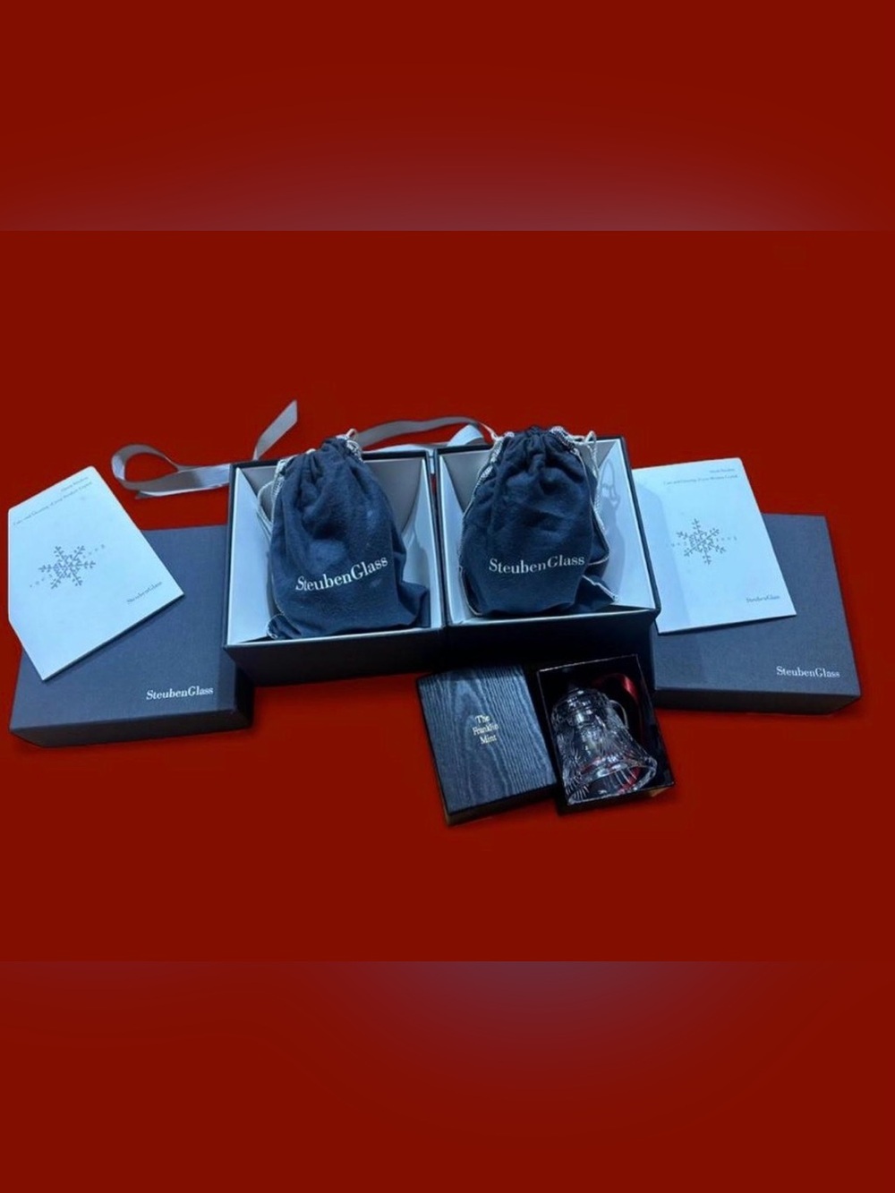 Steuben glass and Waterford crystal glass ornament bundle
